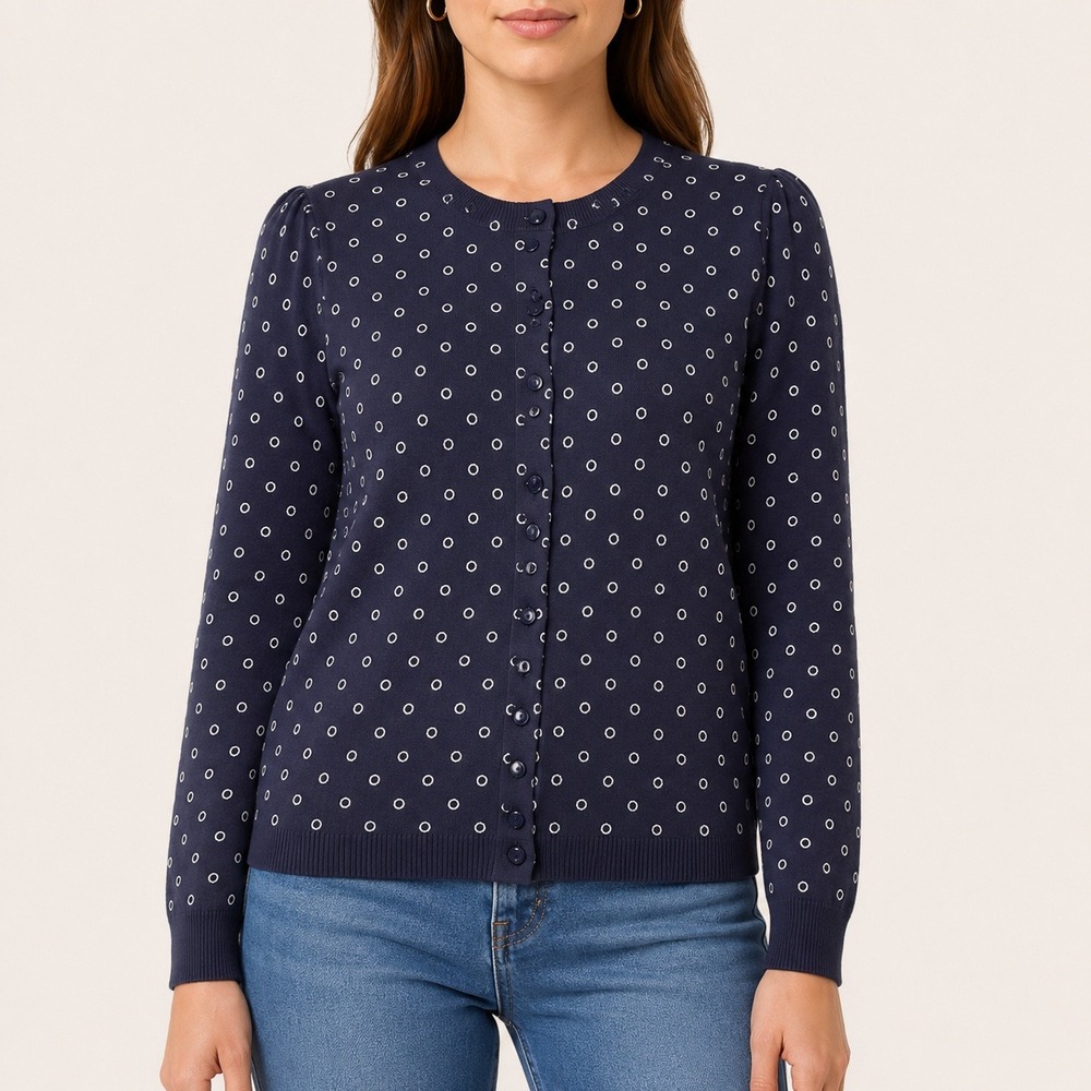 JCrew The Clare Cardigan Navy Blue White Polka Dot Cotton Sweater Mens Small